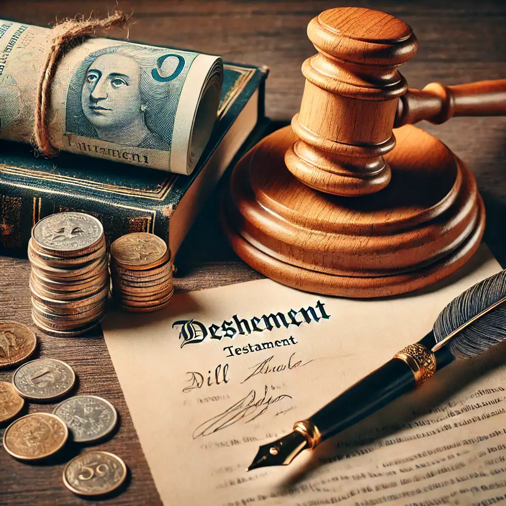 Gerichtshammer, Geldscheine und Testament für Erbrecht-Thema.