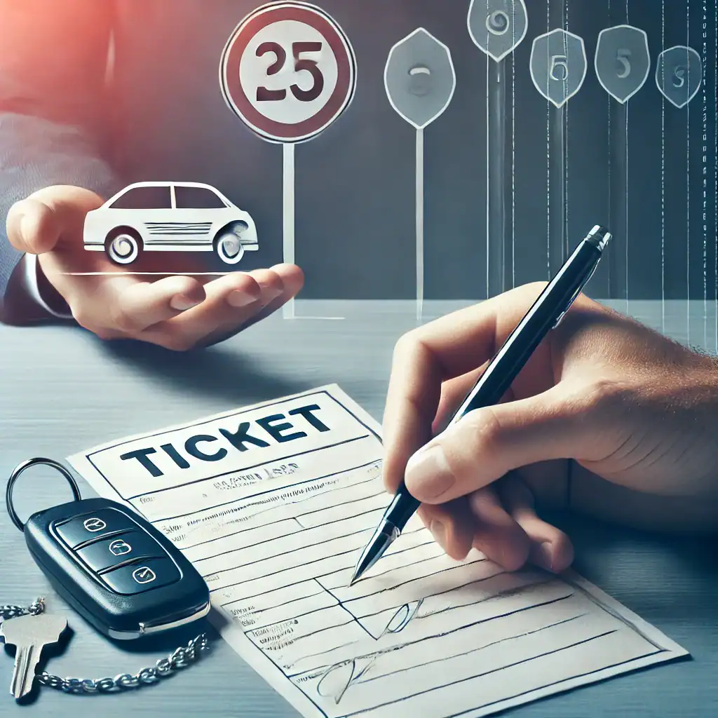Handschriftliches Verkehrsdelikt mit Ticket, Schlüssel und Autosymbol.