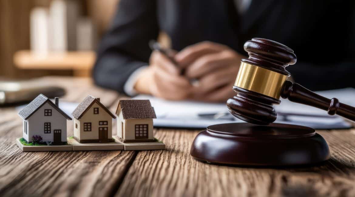 Gavel und Modellhäuser auf einem Tisch, symbolisieren Immobilienrecht.