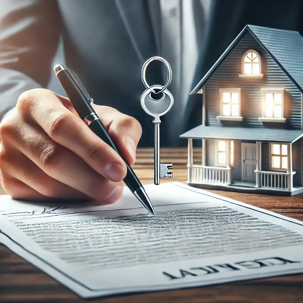 Person unterschreibt Vertrag für Immobilienkauf, Schlüssel und Hausmodell im Hintergrund.